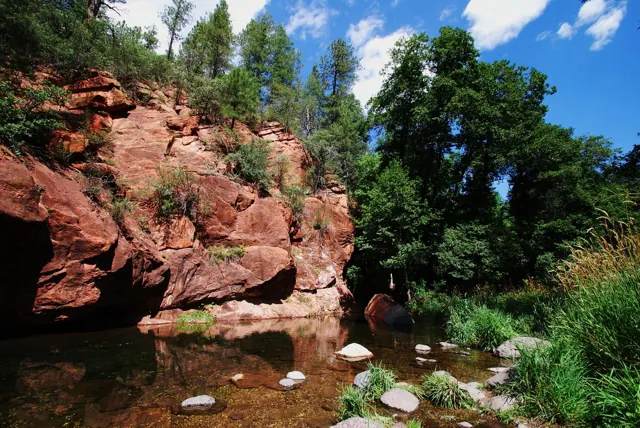 A clear creek pooling below red sandstone cliffs and green trees