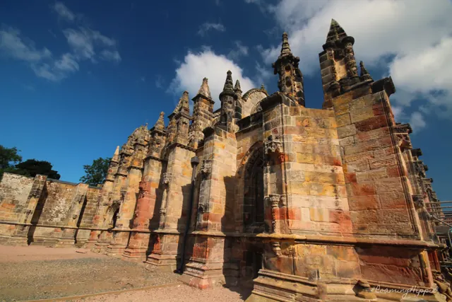 Carved pinnacles of a sandstone chapel